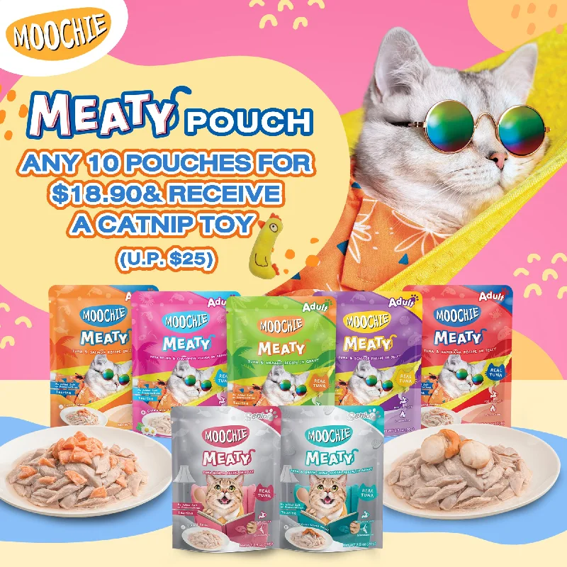 moochie meaty pouch tuna/chicken/salmon/70gr assorted.12 pcs