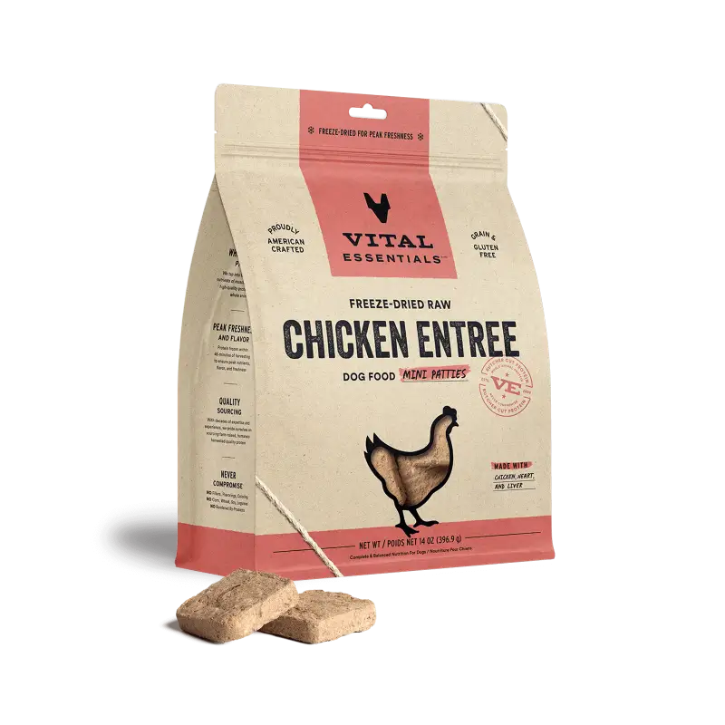 [Save 9%*] Vital Essentials® Freeze-Dried Raw Chicken Entree Dog Food Mini Patties 14oz