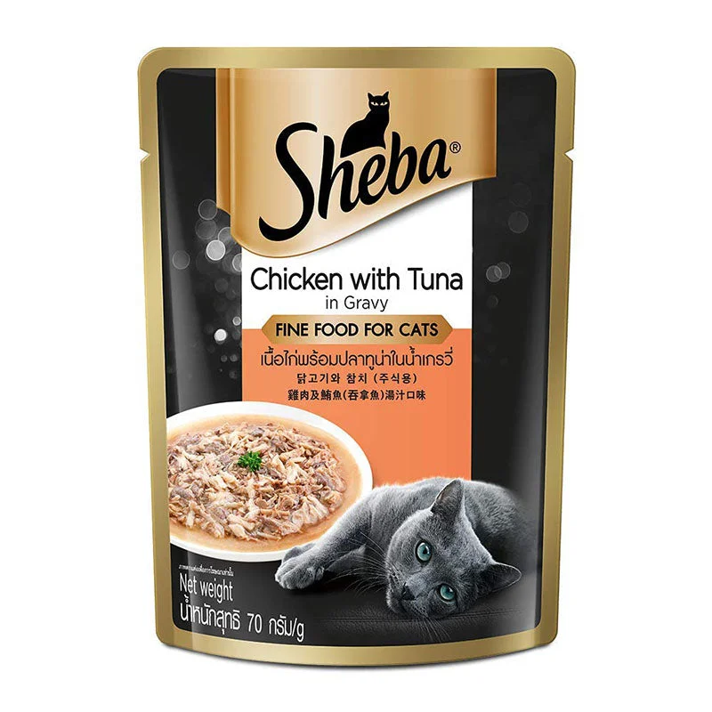 Sheba Adult (1 Yrs +) Rich Premium, Chicken with Tuna in Gravy, Fine Wet Cat Food, 70 g (Pack of 24 pouches)