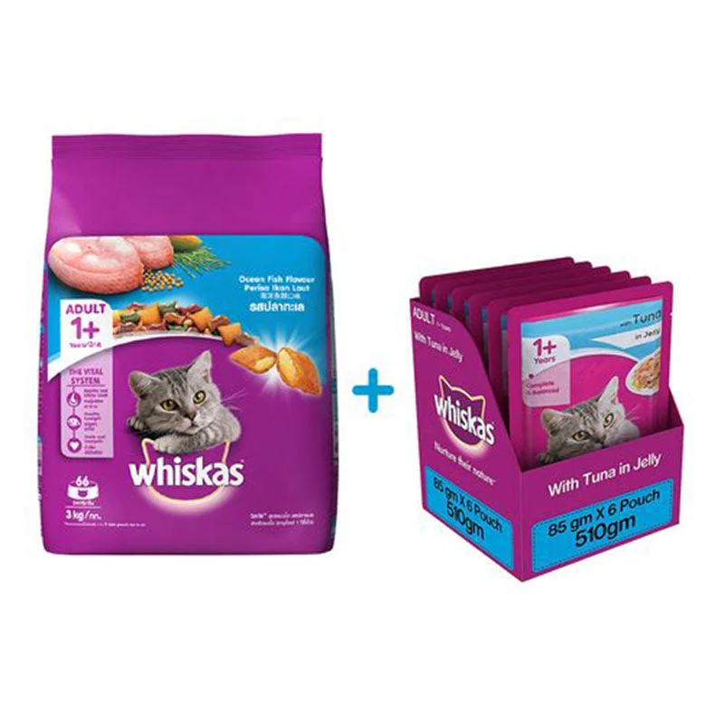 Whiskas Adult (1 Yrs +) Cat Food Combo - Ocean Fish Flavour, 3 kg + Tuna in Jelly, 85 g (6 Pouches)